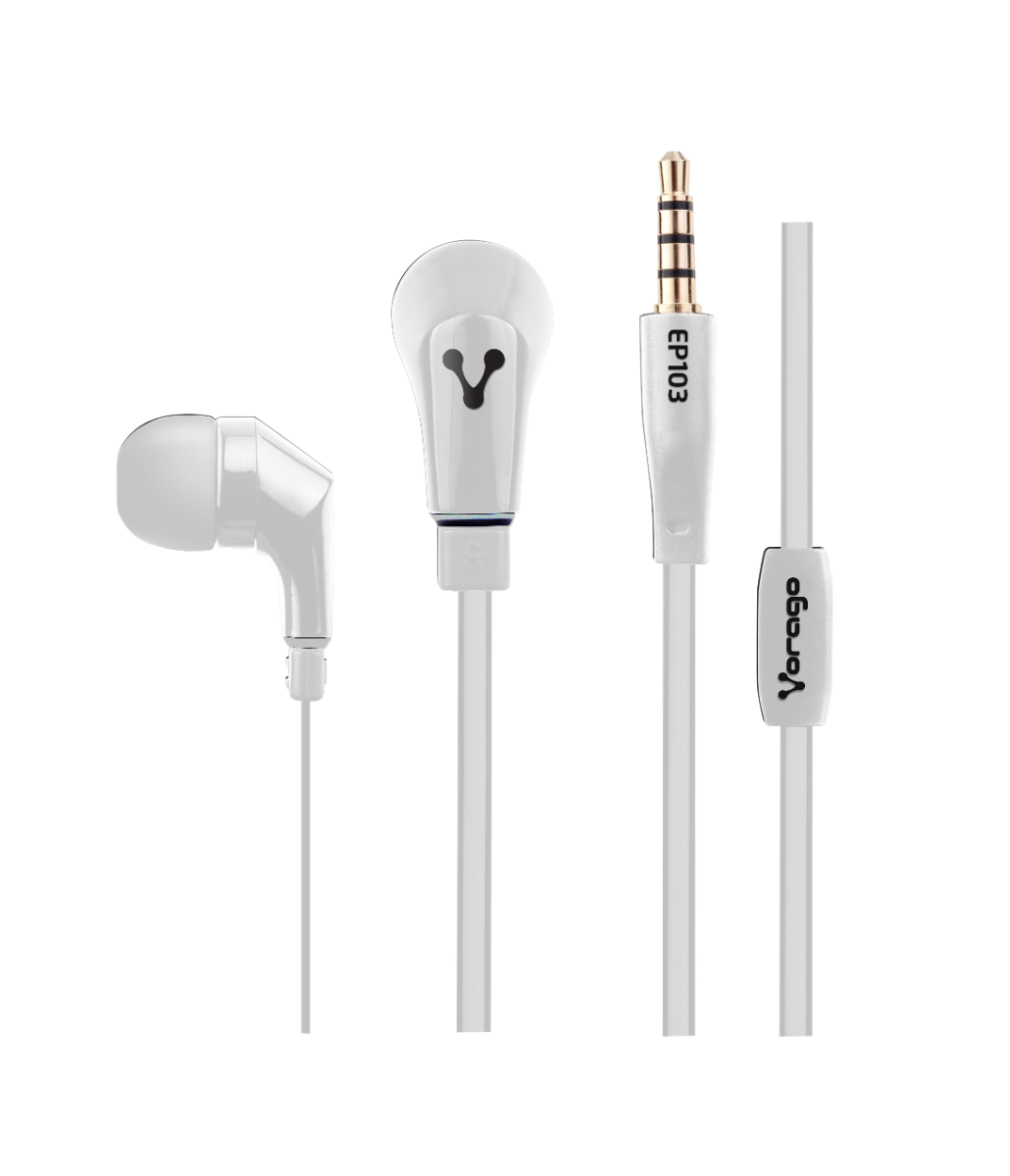 Vorago EP-103 Audifonos Alámbricos Mini Jack 3.5 mm Almohadillas Intercambiables y Manos Libres Cable Plano Color Blanco