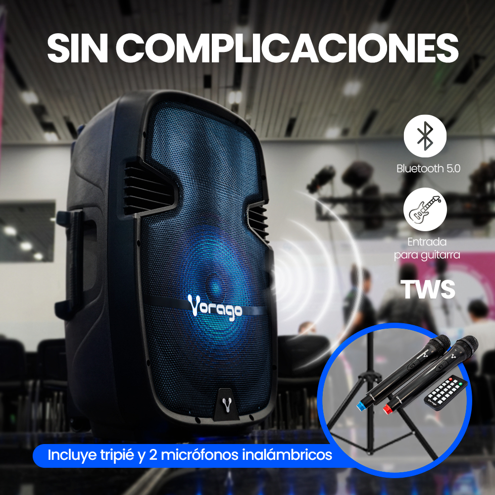 Vorago Bocina Karaoke 15 Pulgadas Amplificada Recargable Bafle Incluye 2 Microfonos Inalambricos y Tripie