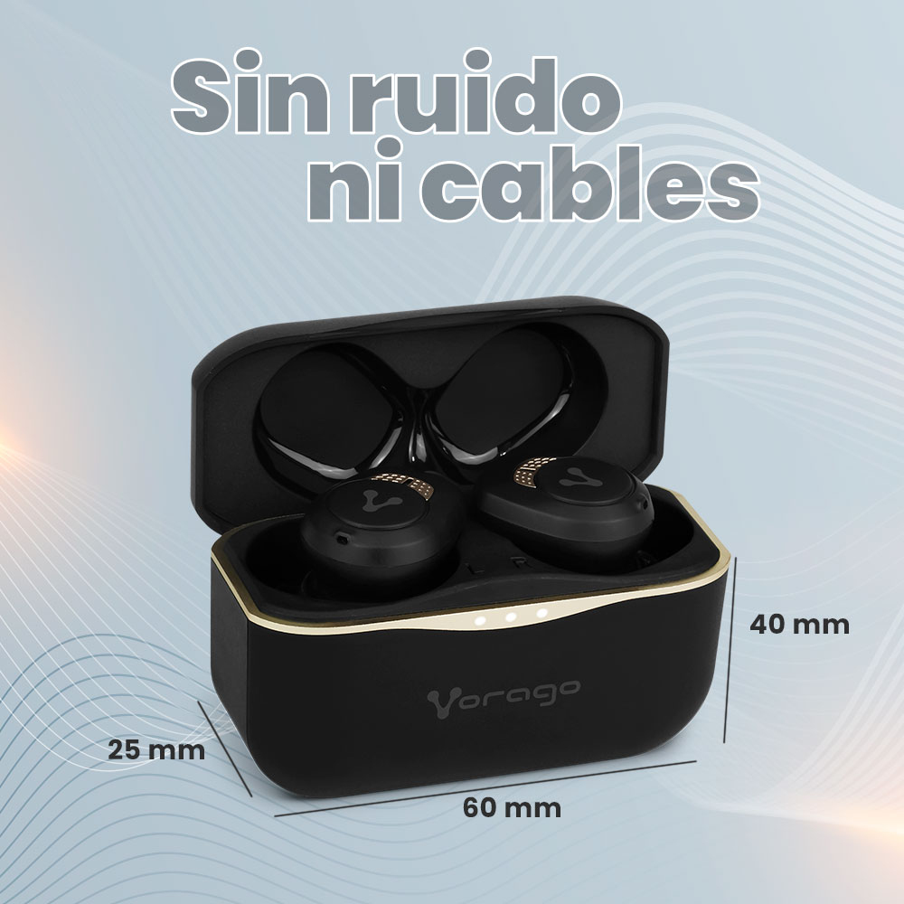 Vorago ESB-600-ANC Audífonos Inalambricos Bluetooth 5.0 Cancelación Activa de Ruido Resistencia al Sudor USB C TWS IPX5 Ligeros Touch 21 Hrs de Musica