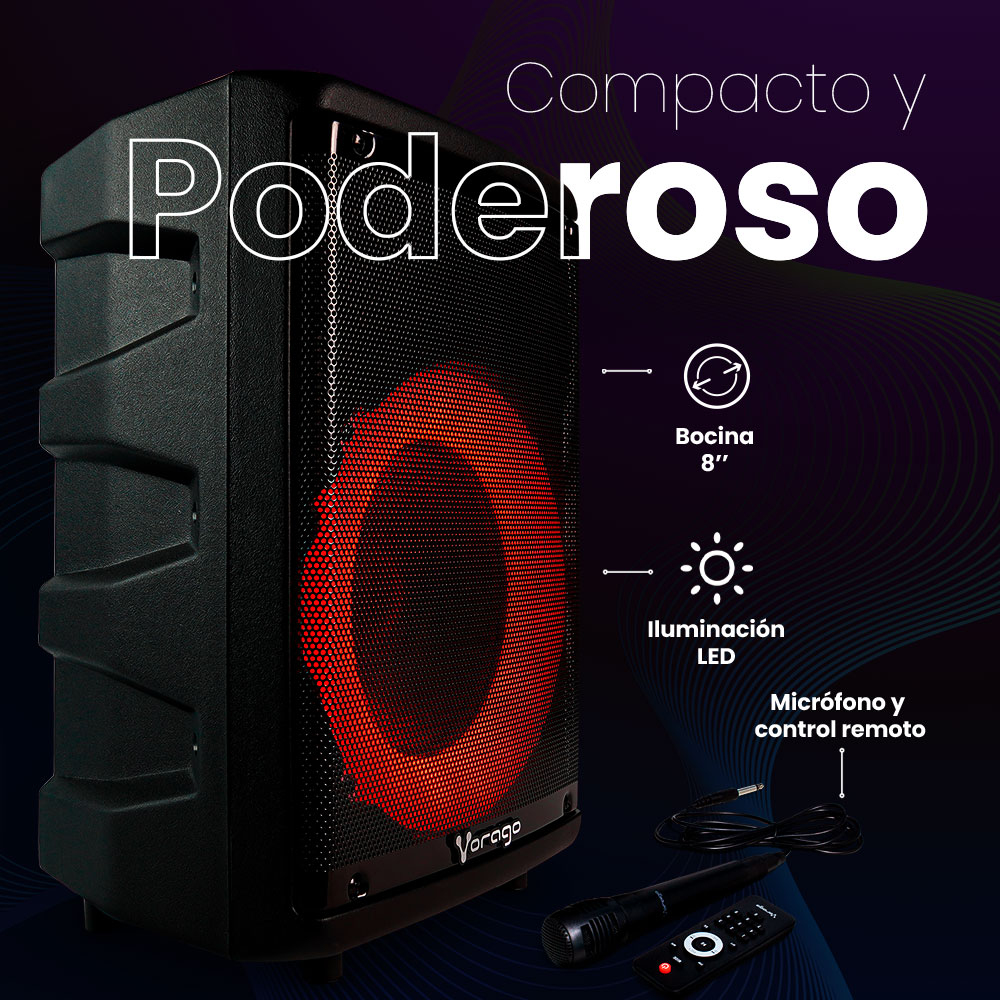 Vorago KSP-302 Bafle Bocina Karaoke Fiesta para Llevar Control Remoto Entrada Auxiliar Micrófono Recargable Bluetooth