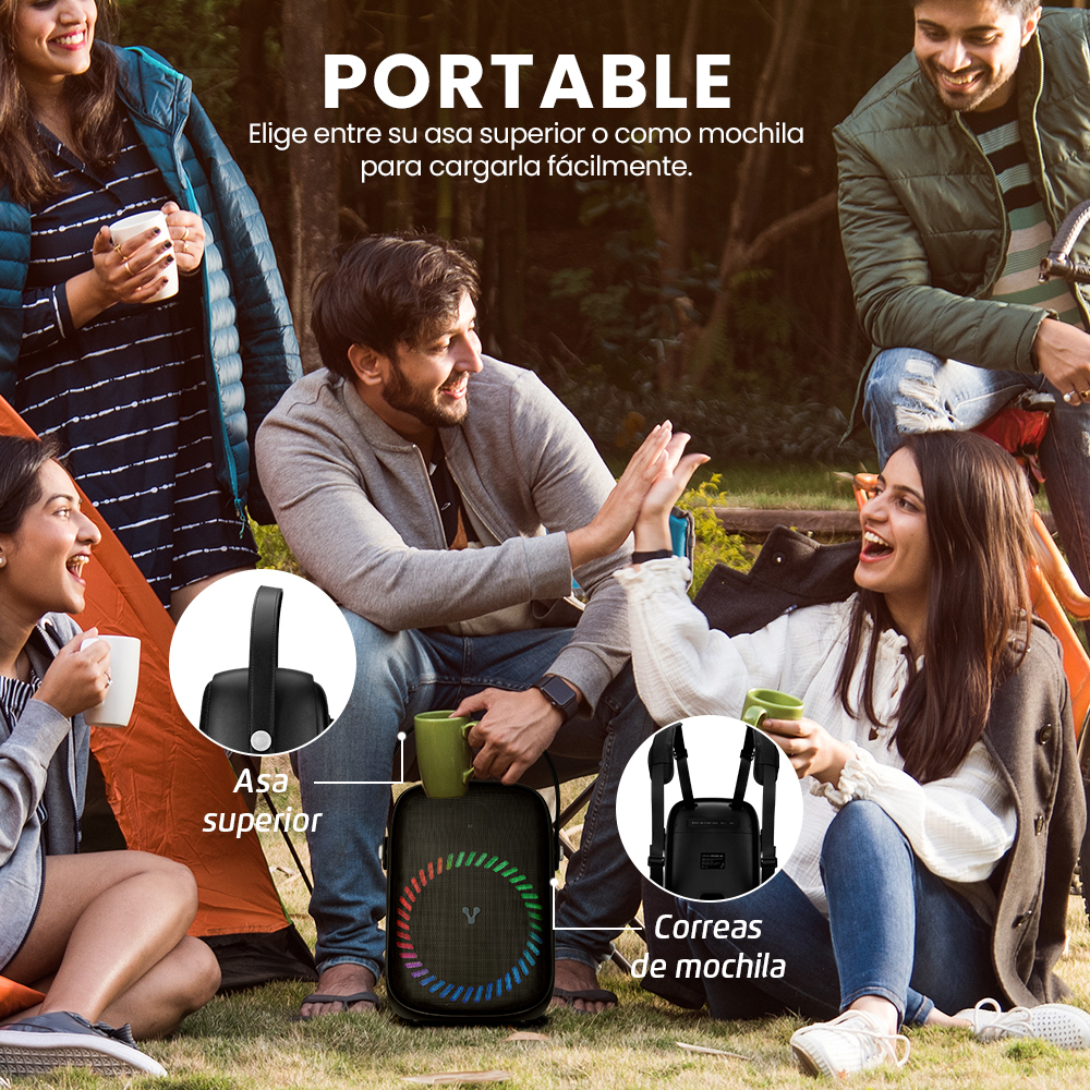 Vorago KSP-455 Bafle Bocina Tipo Mochila Recargable Bluetooth Sonido Premium Incluye Microfono Inalambrico Portatil TWS Woofer 6.5   Pulgadas Karaoke Fiesta Playa Viaje Ipx5 Speaker Aro De Luz RGB