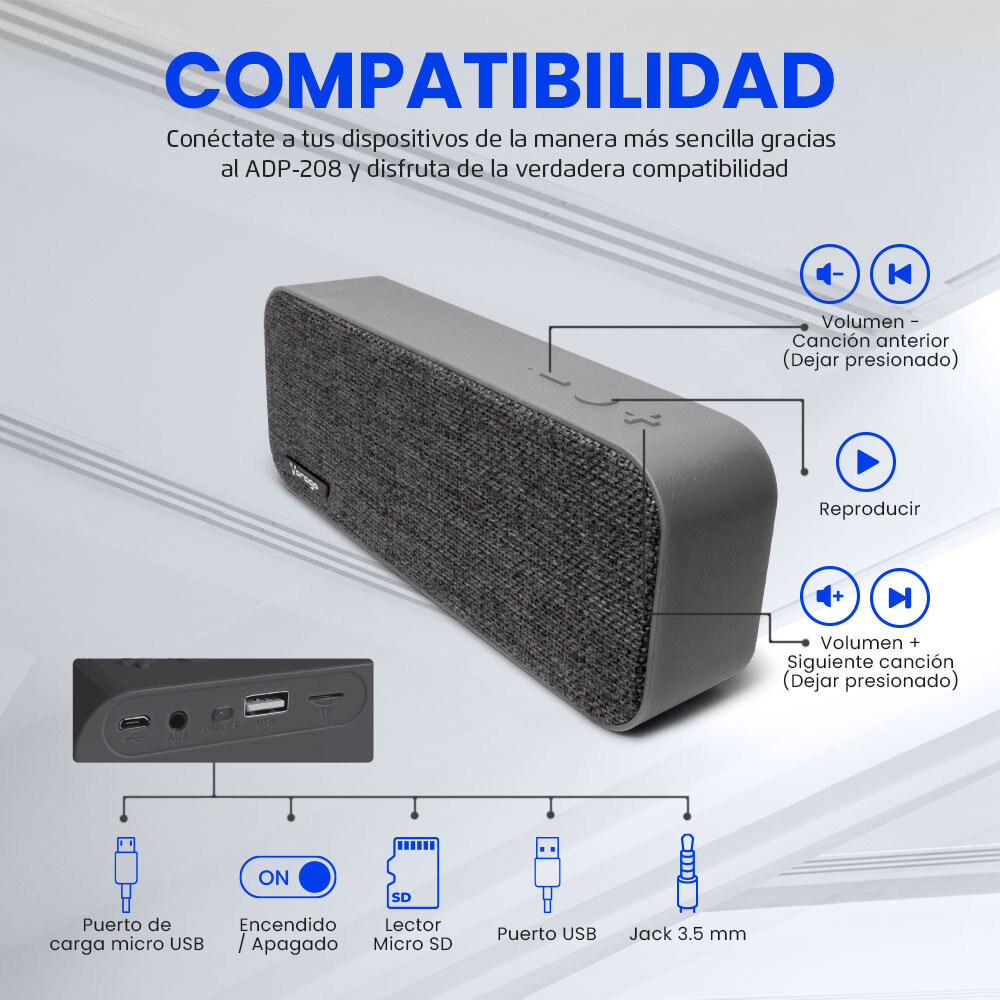 Vorago BSP-150 Bocina Bluetooth 6w Entradas MicroSD Jack 3.5 mm Bateria hasta 4 Horas Color Gris