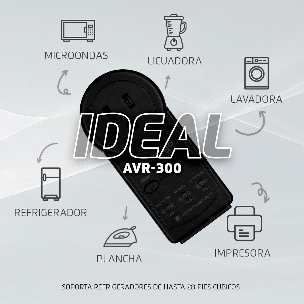 Protector De Voltaje Vorago AVR-300 Para Refrigerador Lavadora y Electrodomésticos Con Temporizador Ajustable y Rotación 350 Color Negro