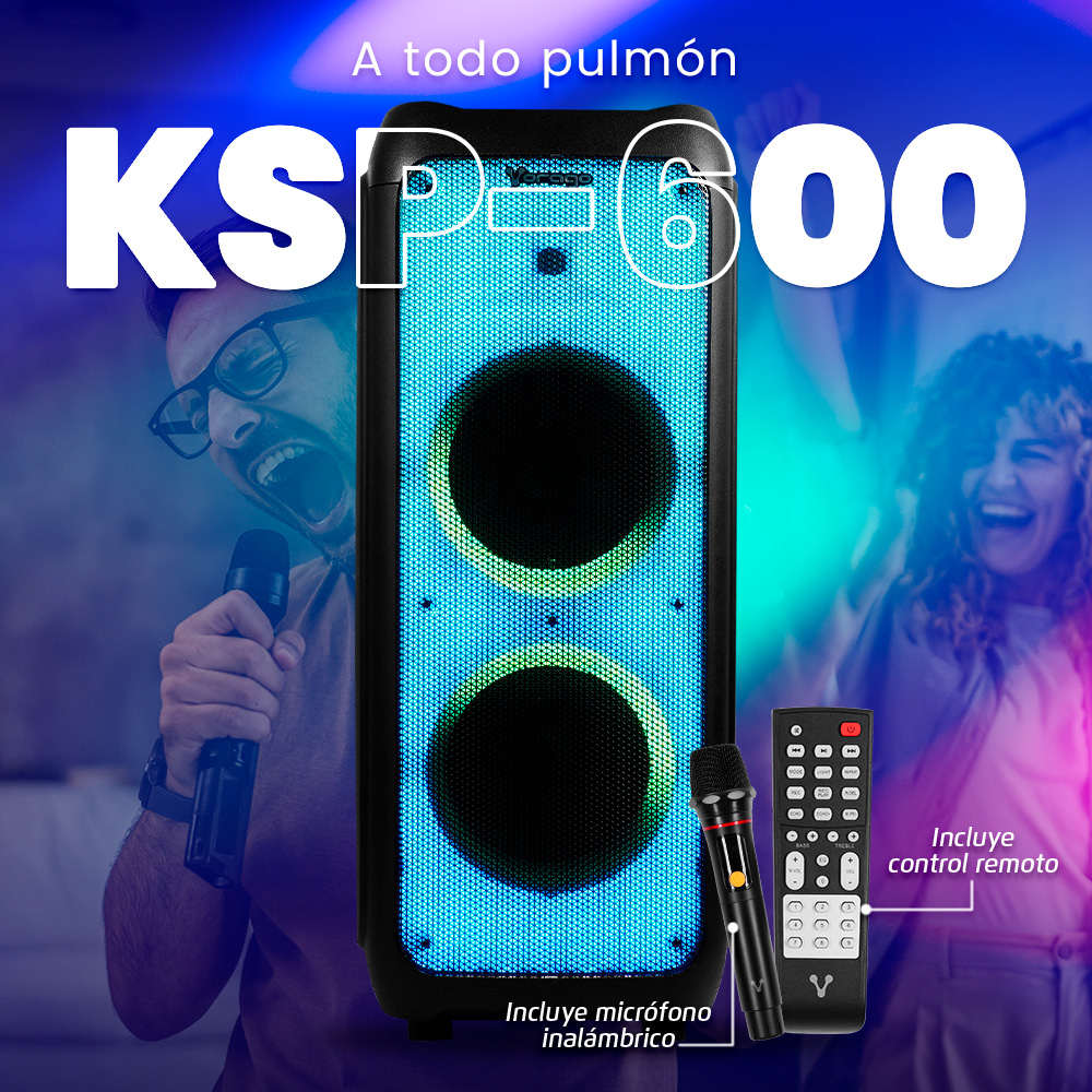 Vorago KSP-600 Bocina Karaoke Incluye Microfono USB TWS Radio FM Entrada SD Control Remoto Doble bocina 10   Bluetooth hasta 4h De Musica