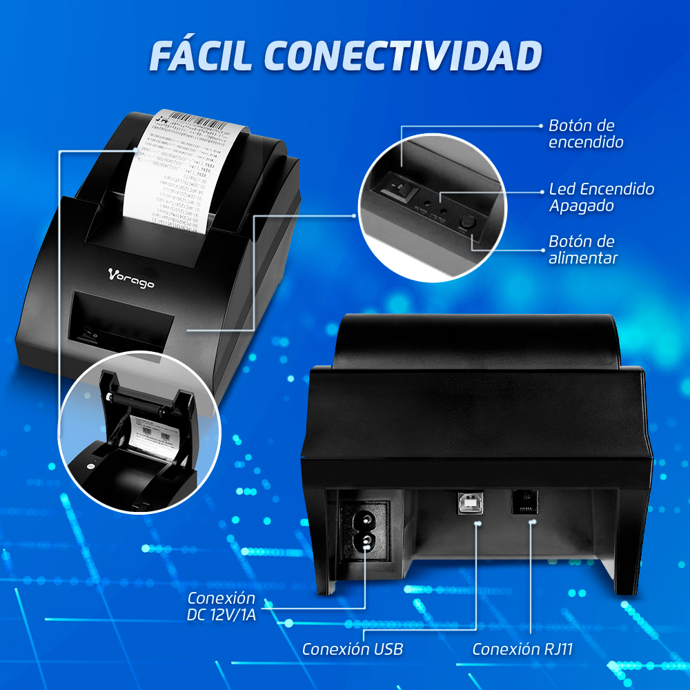 Vorago MNP-158 Impresora Termica Usb/Rj11 203 dpi´s Papel de 58 Mm Impresion Termica Velocidad 90 mm/s Impresora De Tickets Punto De Venta
