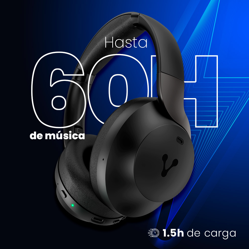 Vorago HPB-505 Diadema Bluetooth ANC Hibrido Sonido Premium Super Bass Plegables Baja Latencia Bateria 60Hrs Triple Microfono