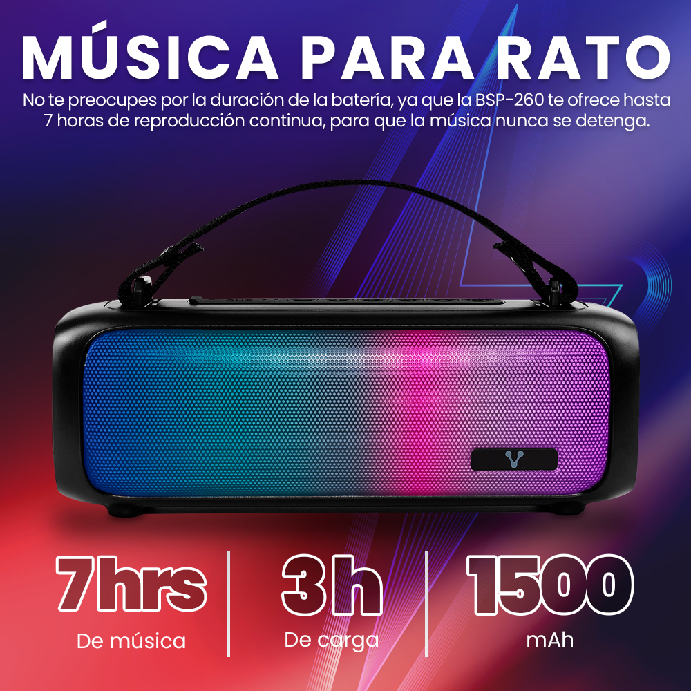 Vorago BSP-260 Bocina Bluetooth hasta 7 Hrs De Musica RGB 3.5 Mm USB Tipo C Manos Libres