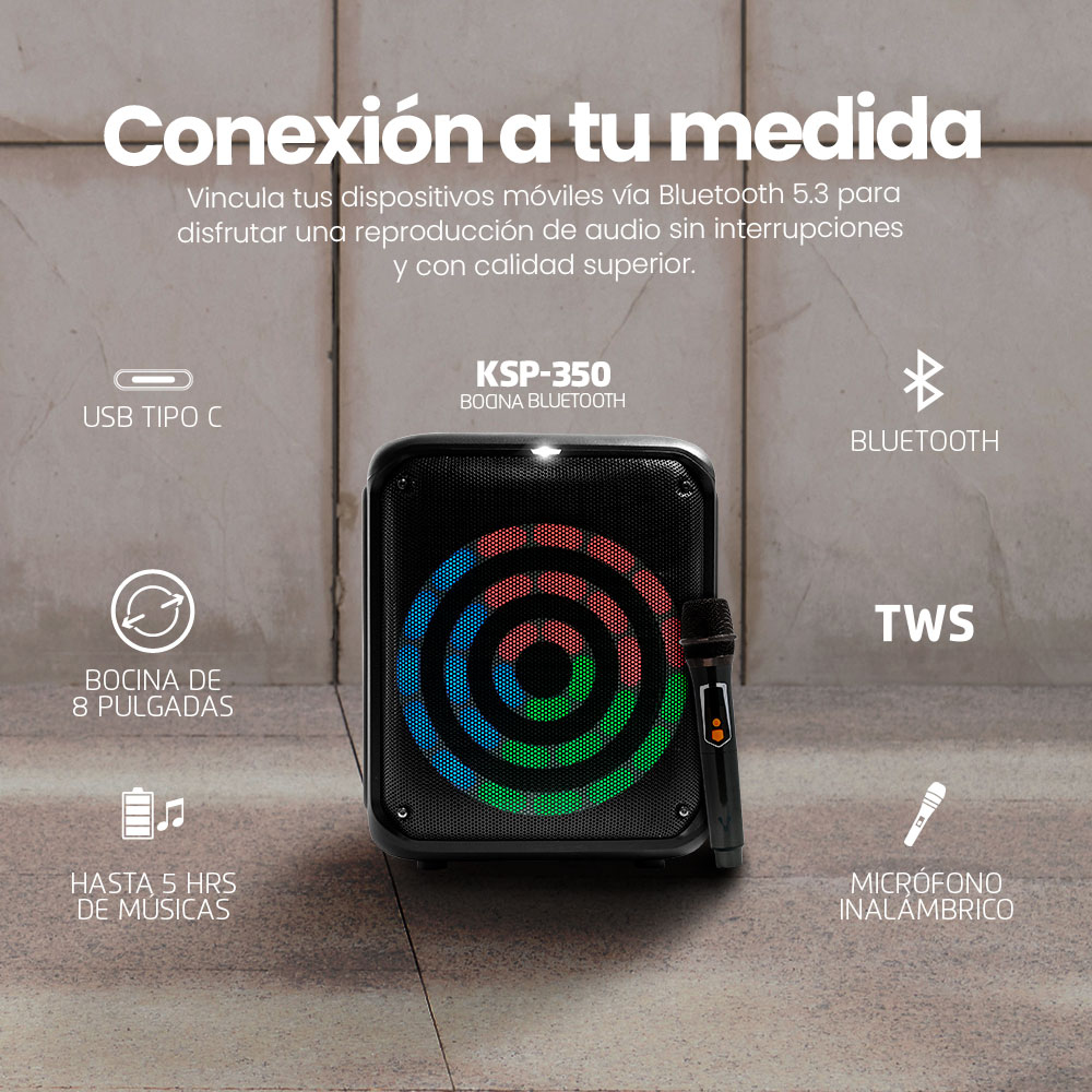 Vorago KSP-350 Bocina Bluetooth Bafle Karaoke 8   5 Hrs De Musica Microfono Recargable Inalambrico TWS USB C RGB Flash Disco Micro SD/3.5mm/USB-a