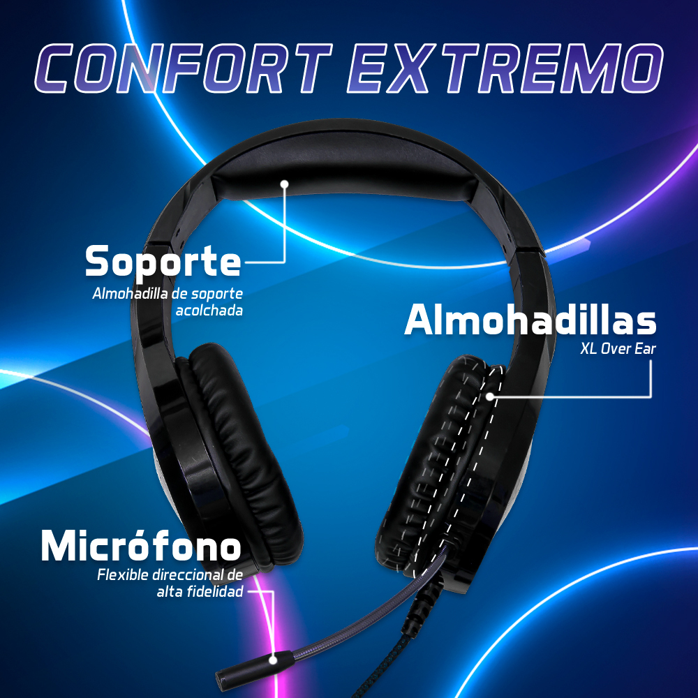 Vorago Start The Game HS-501 Diademas Gamer con Micrófono, Luz RGB, Diafragma 40 mm, Cable Recubierto Súper Resistente y Almohadillas XL Over Ear
