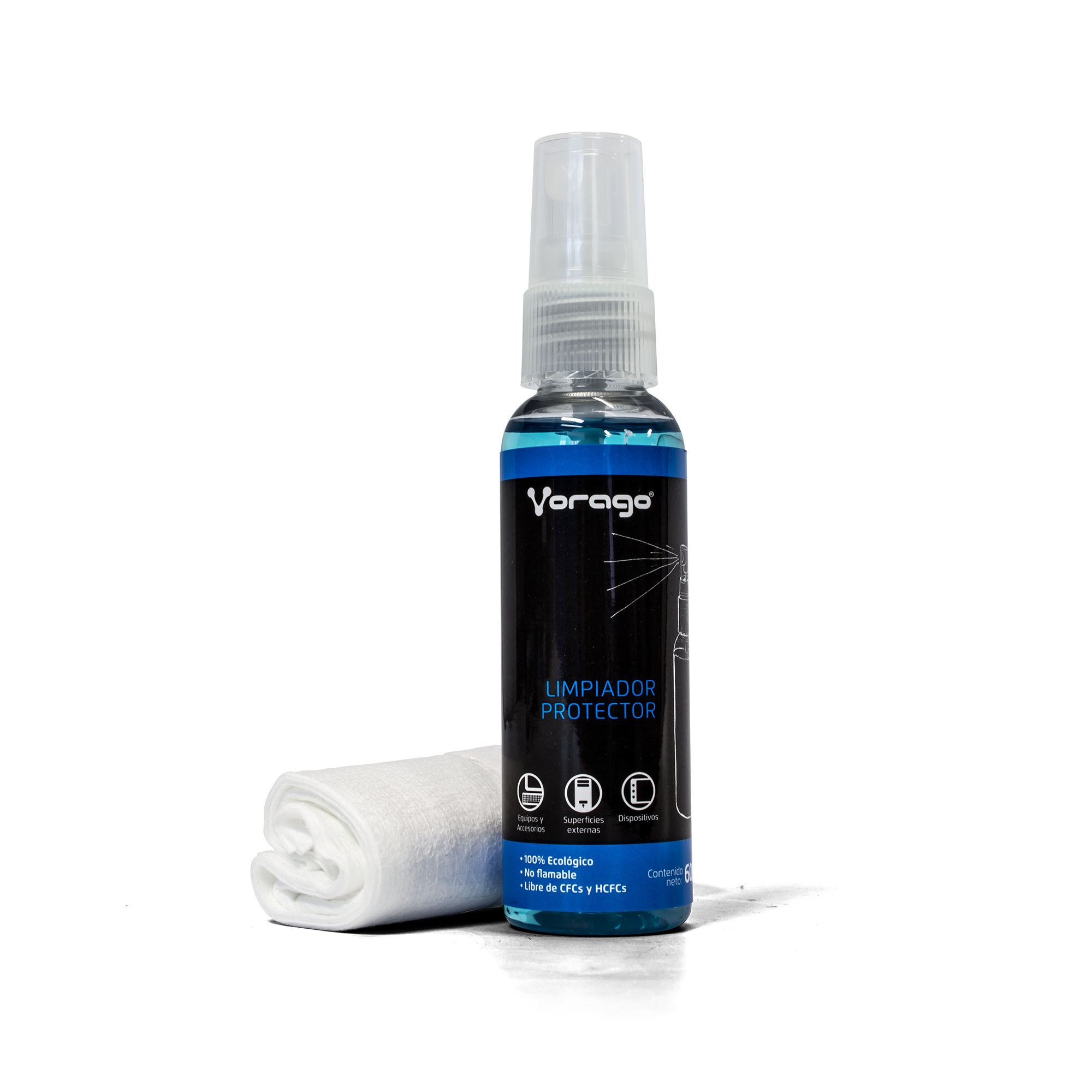 Vorago CLN-200 Kit de Limpieza para pantalla PC, SmartPhone, SmartTv y Pantalla. Incluye Franela de Microfibra, 60 ml