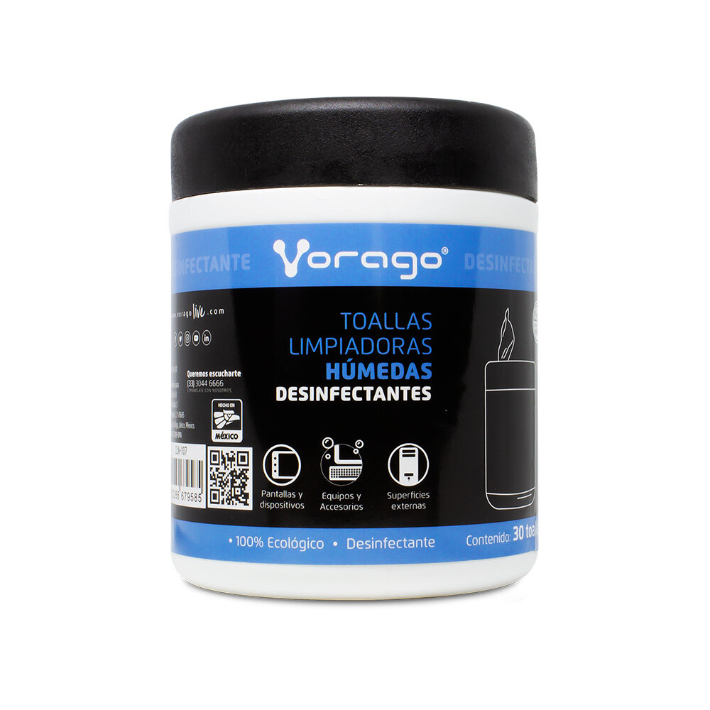 Vorago CLN-107 Toallas Húmedas Desinfectantes, Bote con 30 piezas, Ideal para Pantallas y Superficies
