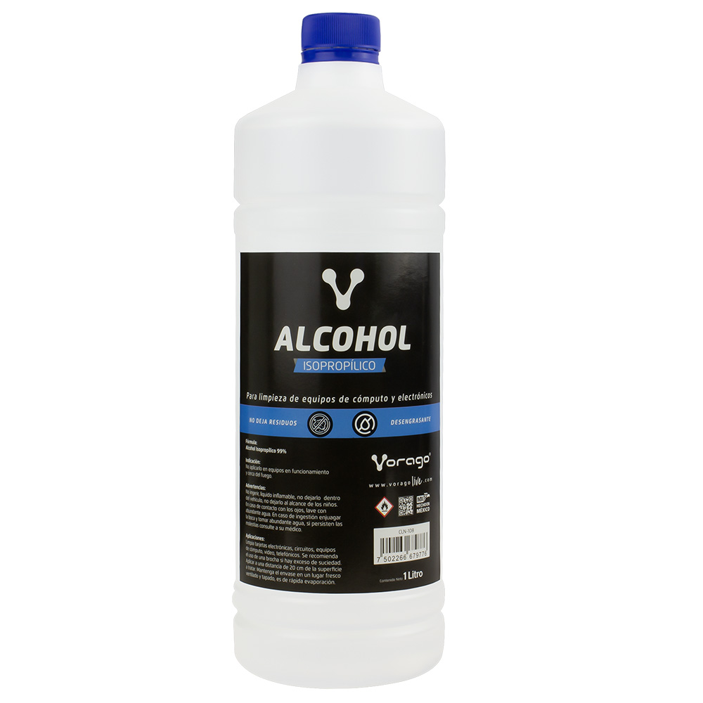 Vorago CLN-108 Alcohol Isopropílico para Limpieza de Circuitos y Componentes Eléctricos, Elimina Polvo y Residuos, Rápida Evaporación, 1 litro