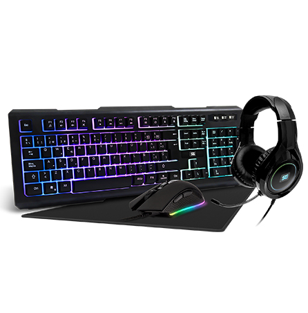 Vorago Start The Game KMH-501 Kit Gamer 4 en 1, Teclado con Antighosting, Mouse 4000 DPI con 2 botones configurables, Headset 40 mm Diafragma, Tapete de 32x24 cm Con RGB Dinamico