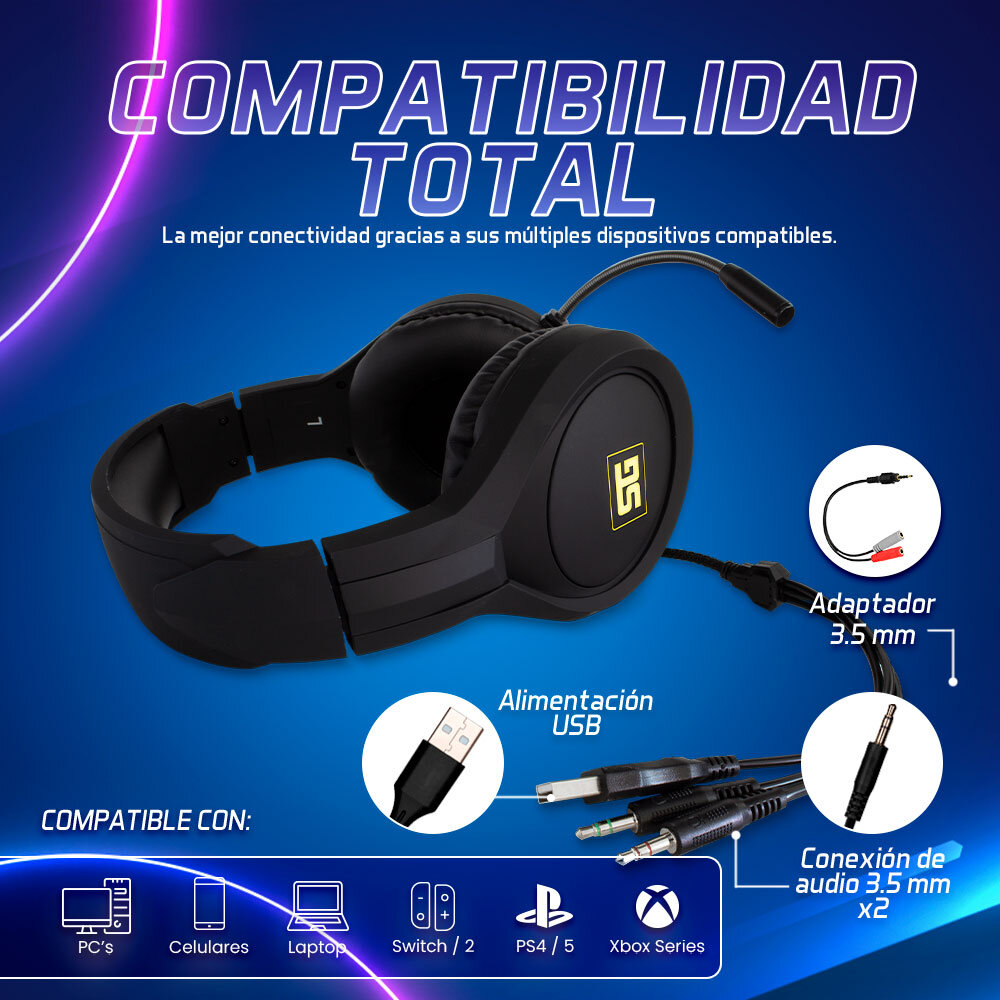 Vorago Start The Game HS-501-C Diademas Gamer con Micrófono, Luz RGB, Diafragma 40 mm, Cable Recubierto Súper Resistente y Almohadillas XL Over Ear Adaptador Audio para consolas