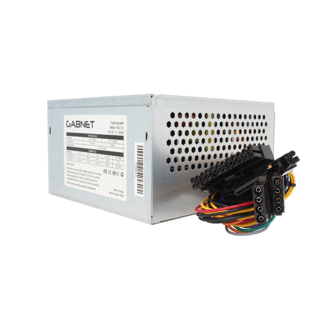 Fuente de Poder 500W ATX Vorago PSU-101 20+4 pines x 1, CPU 4 pines x 1, SATA x 2 Periféricos 4 pines x 2, Floppy 4 pines x 1