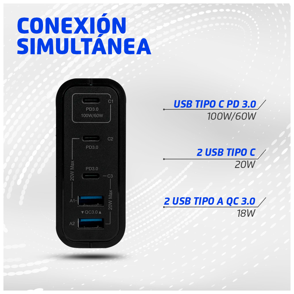 Vorago AU-600 Cargador De Pared Carga Rapida 3.0 100 W 3.0A hasta 5.0A USB Tipo C PD 3.0 con 5 Puertos Carga Rapida iPhone Android Celular Laptop iPad Macbook Cargador De Viaje