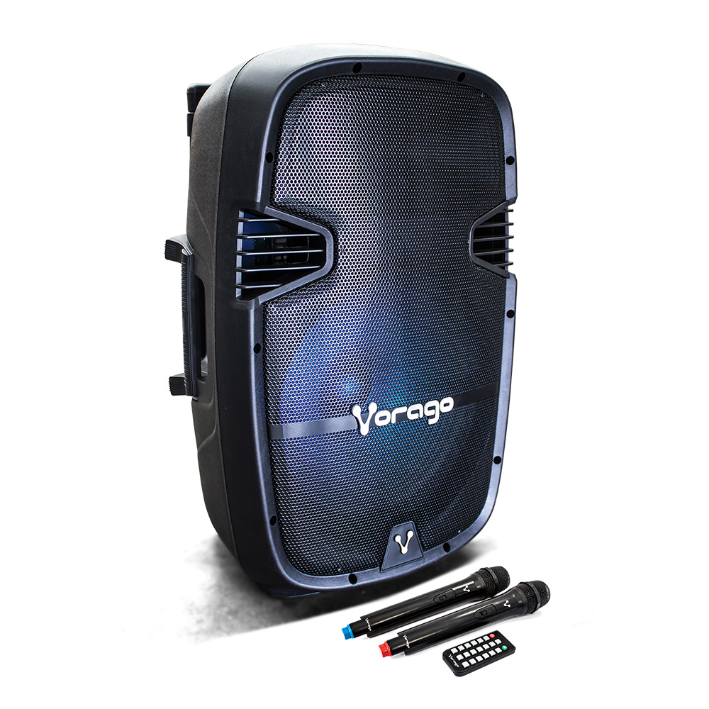 Vorago Bocina Karaoke 15 Pulgadas Amplificada Recargable Bafle Incluye 2 Microfonos Inalambricos y Tripie