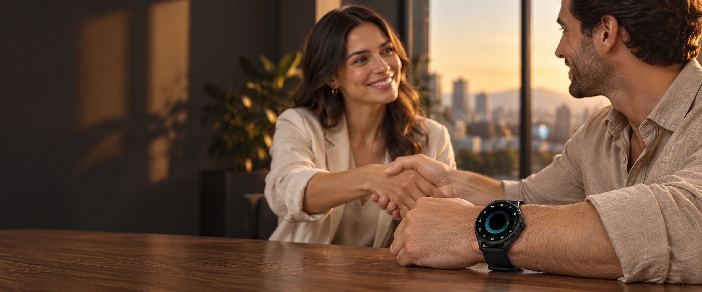 Un ejecutivo con un smartwatch VORAGO SW-505 cierra un acuerdo con su clienta con un apretón de manos.