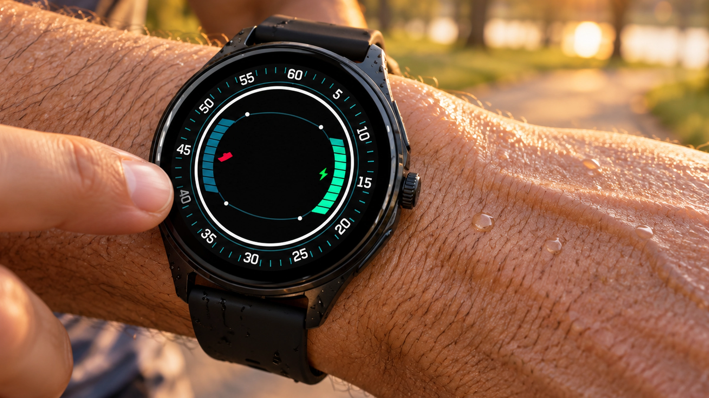Una persona revisa su smartwatch VORAGO SW-505 en la muñeca después de correr al amanecer.