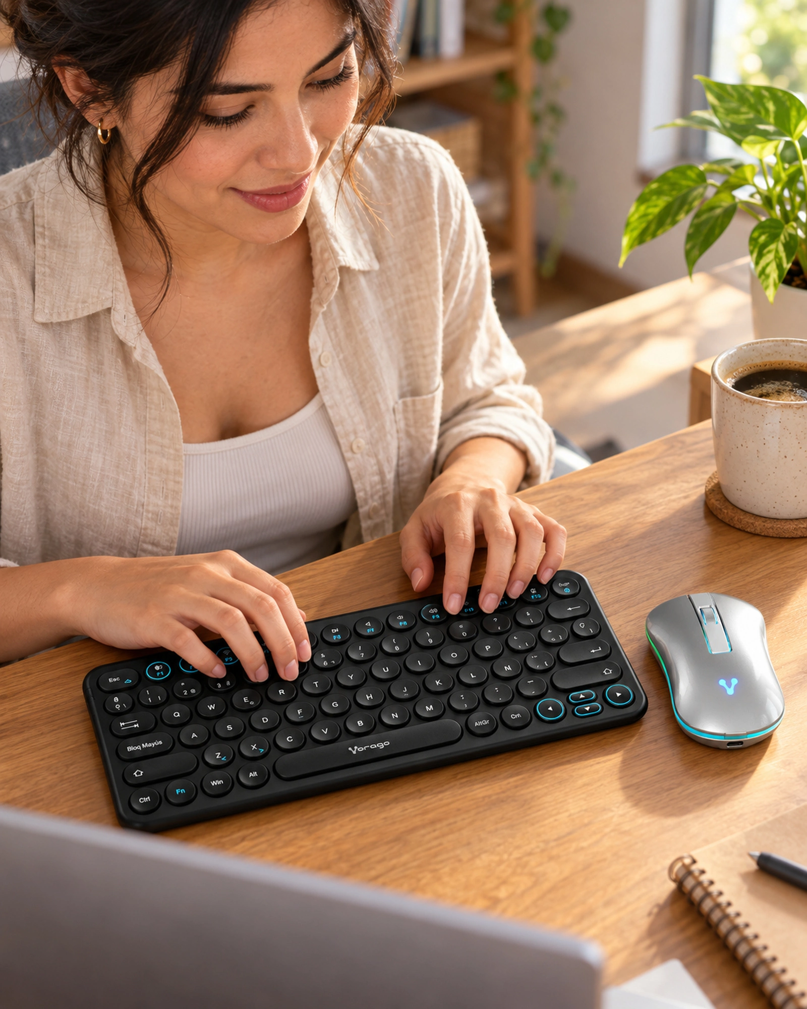 Escritorio en casa con el teclado VORAGO KBW-400 y el mouse MO-305-SLIM plata.