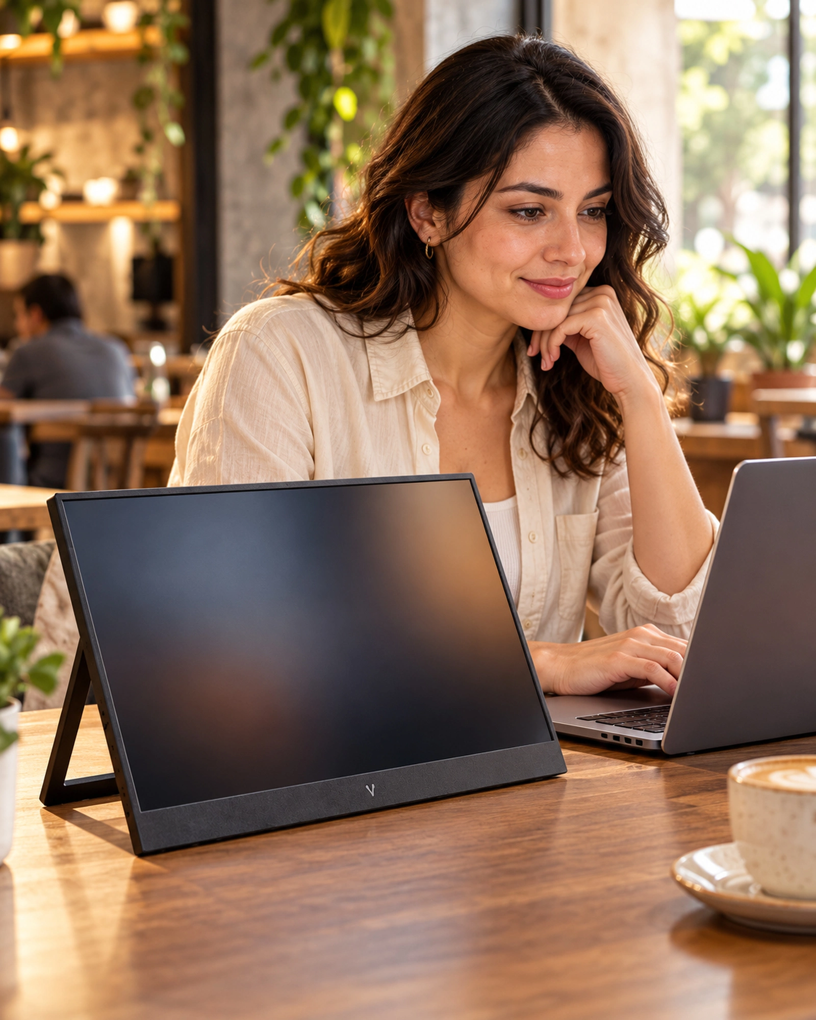 Monitor portátil VORAGO LED-P15 junto a una laptop en una cafetería.