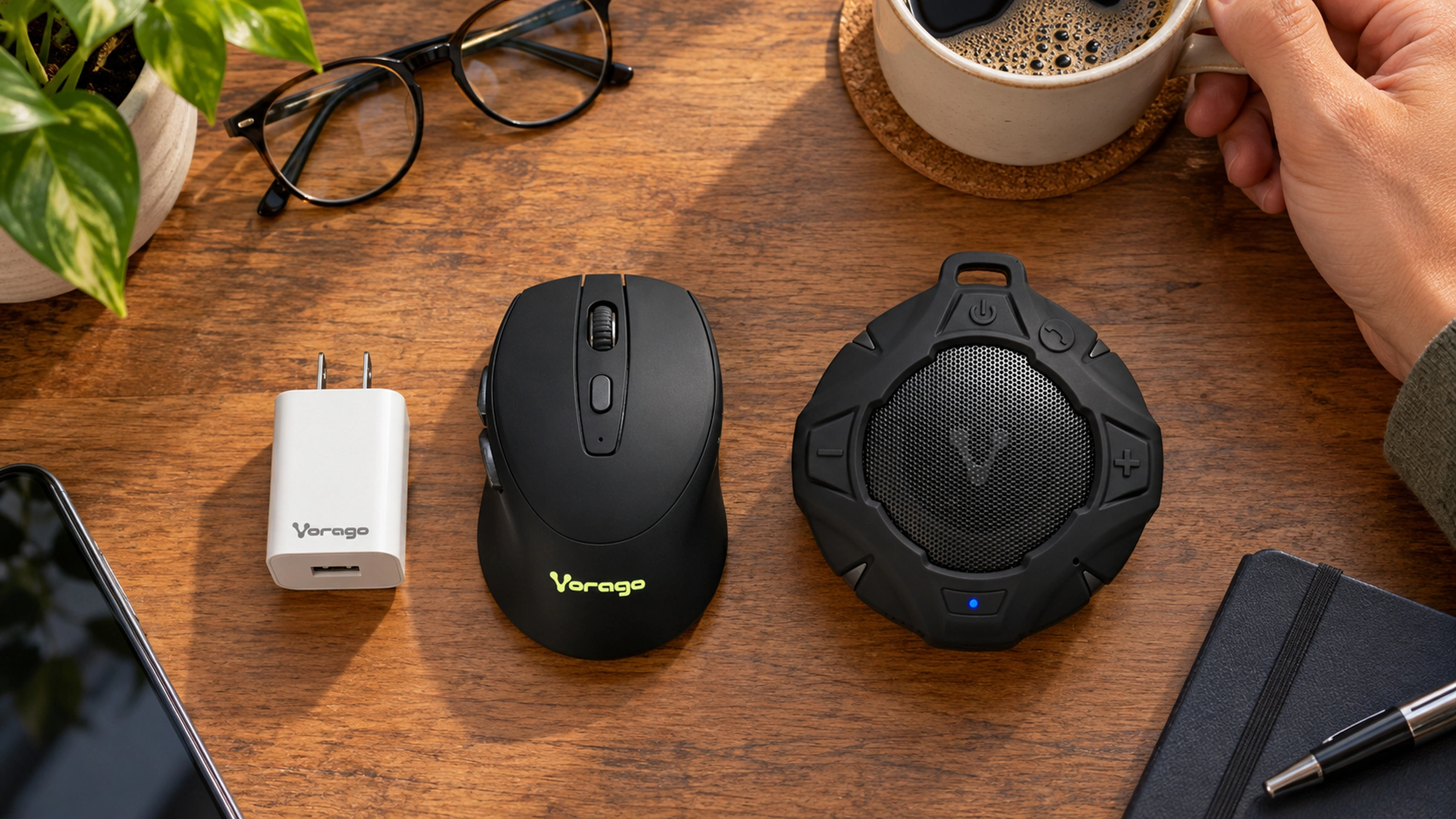 Cargador AU-302, mouse MO-306 y bocina BSP-400 de VORAGO sobre un escritorio.