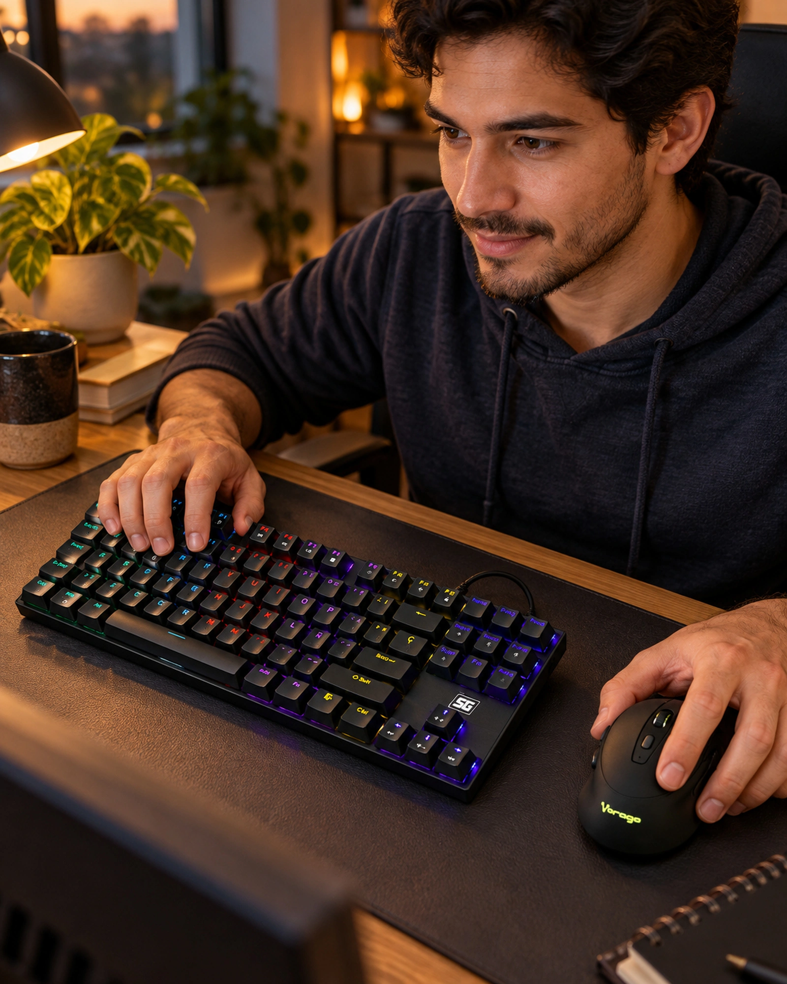 Teclado mecánico VORAGO KB-600 con RGB y mouse MO-306 en una estación de trabajo de noche.