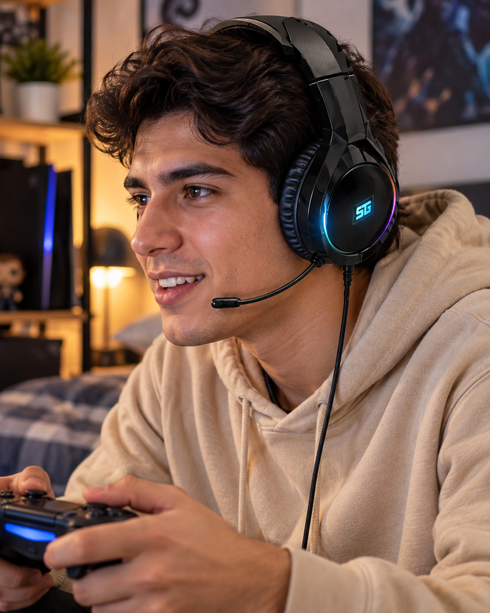 Vorago Start The Game HS-501 Diademas Gamer con Micrófono, Luz RGB, Diafragma 40 mm, Cable Recubierto Súper Resistente y Almohadillas XL Over Ear en uso