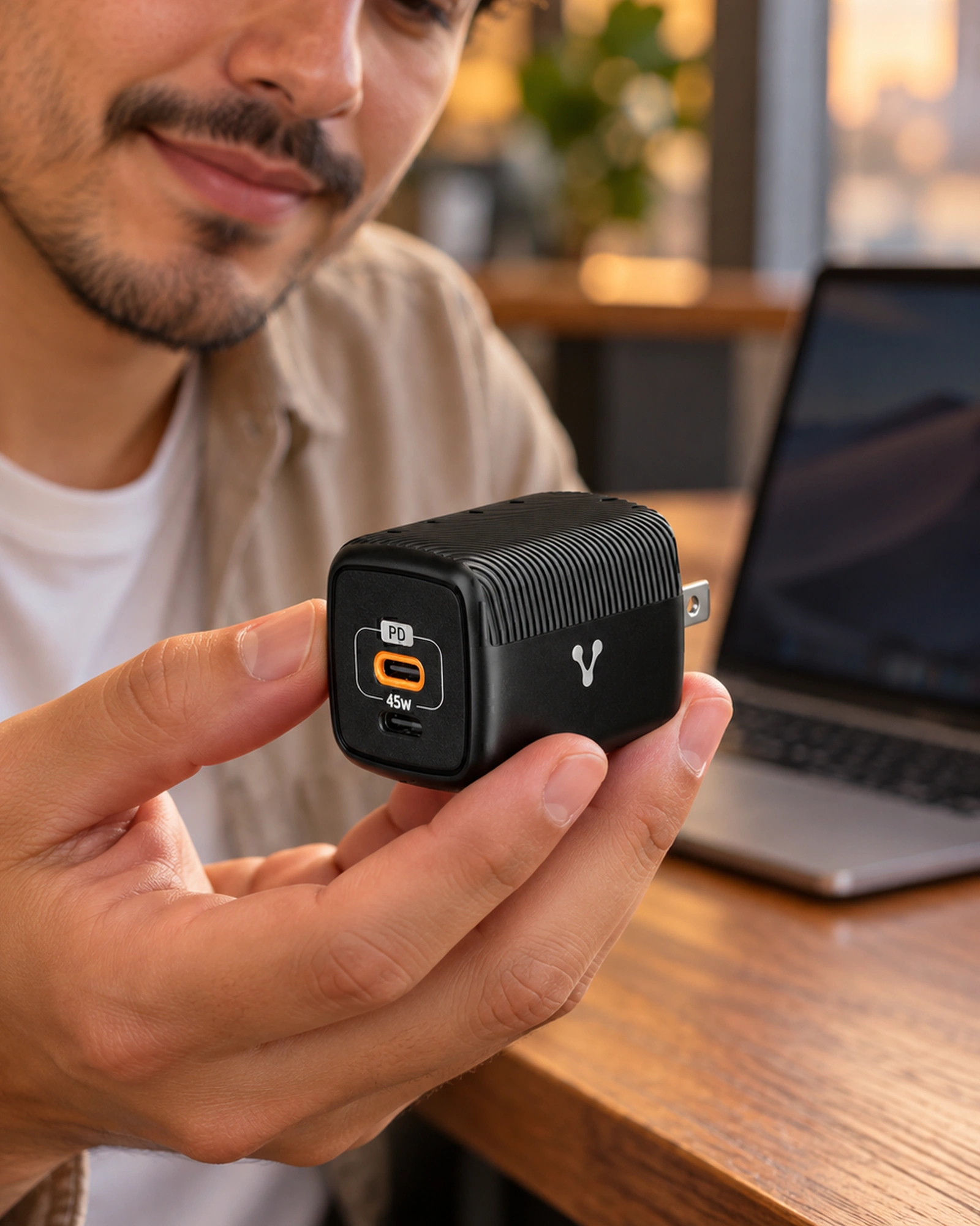 Cargador pared AU-402 fast charge 2 x USB-C 45W negro en uso