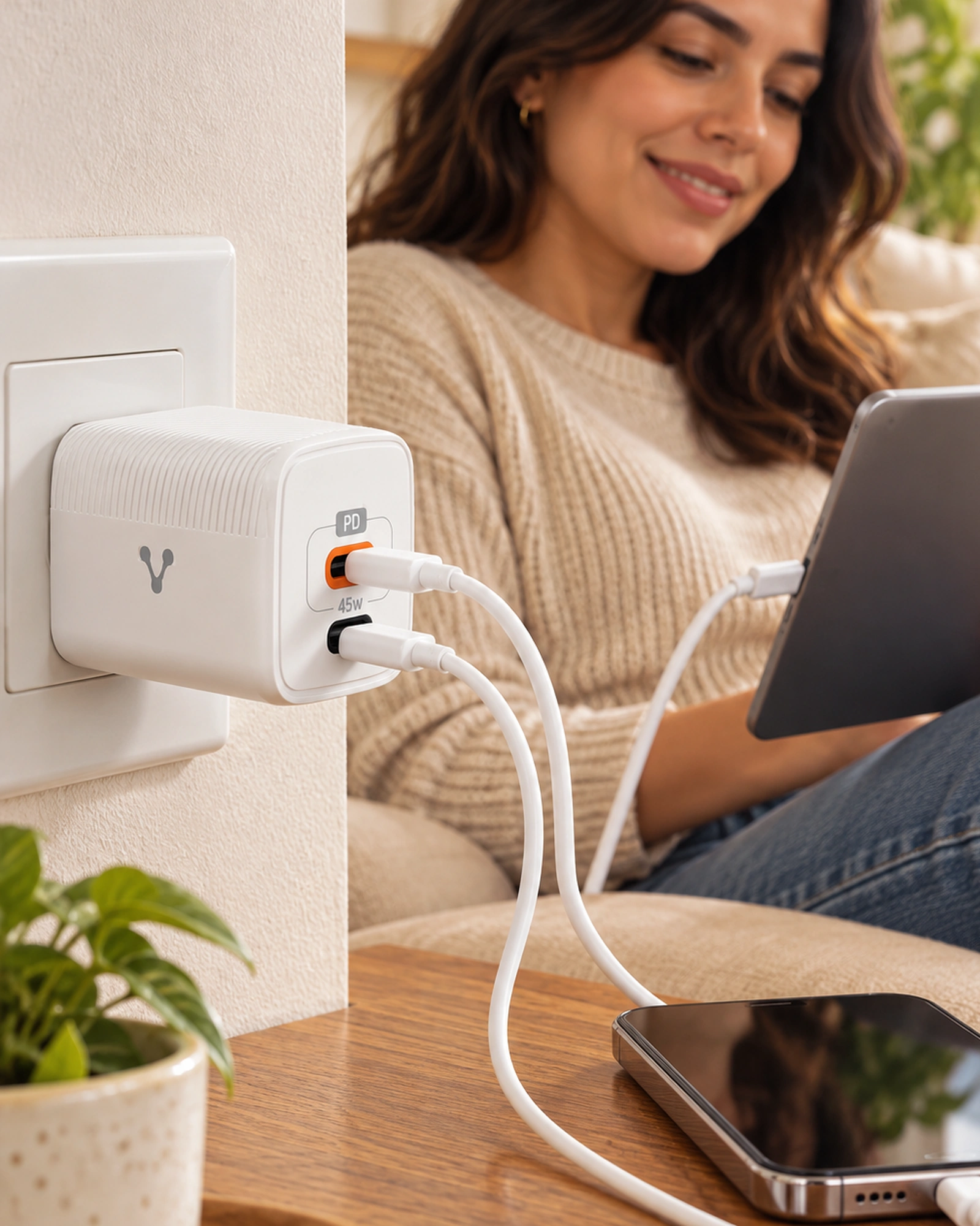 Cargador pared AU-402 fast charge 2 x USB-C 45W blanco en uso