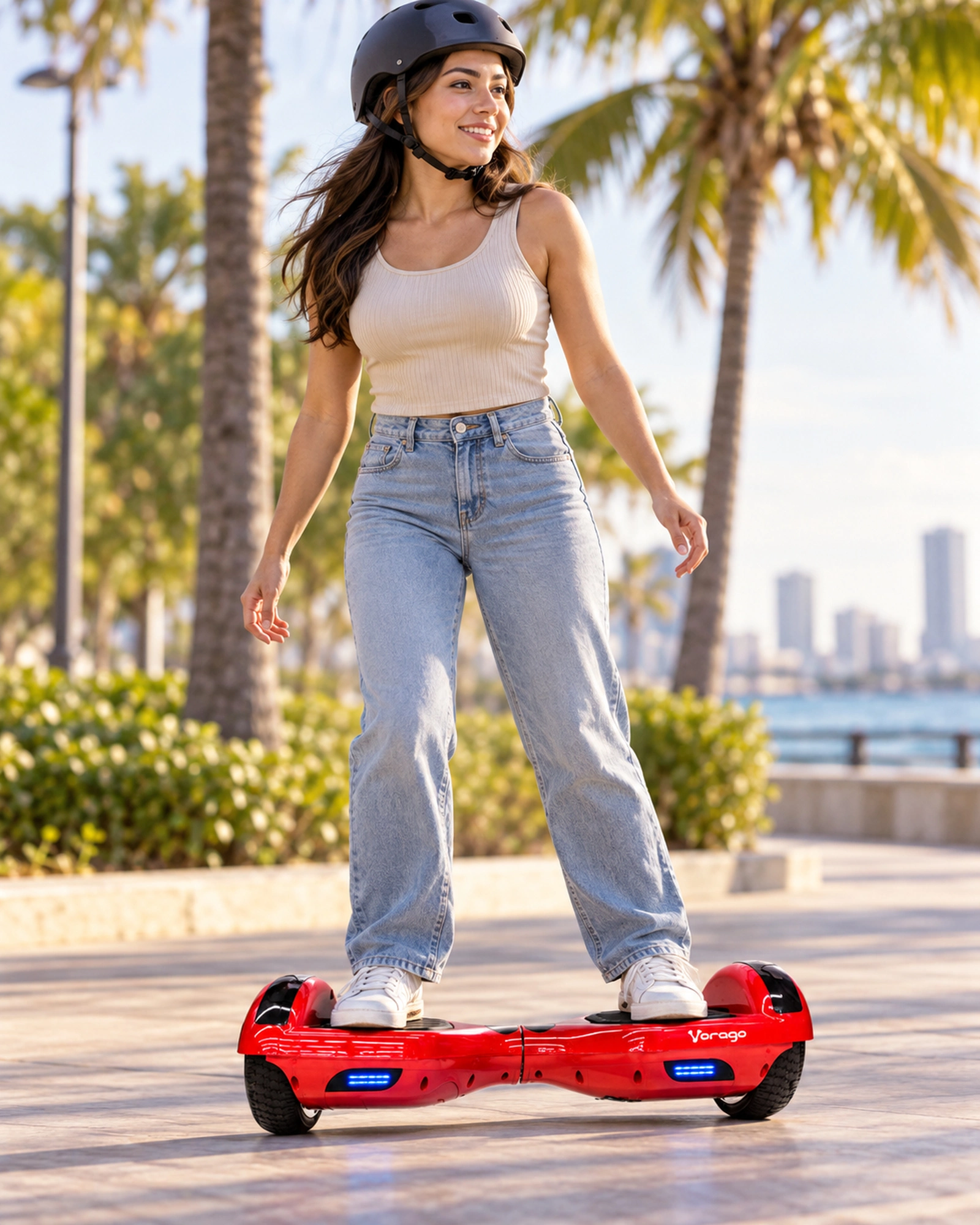 Hoverboard Electrico Vorago HB-200-RD Patineta eléctrica dos ruedas 12 km/h Luces Led Batería Protegida y Certificada Doble Motor Contra Salpicaduras Para Niños en uso