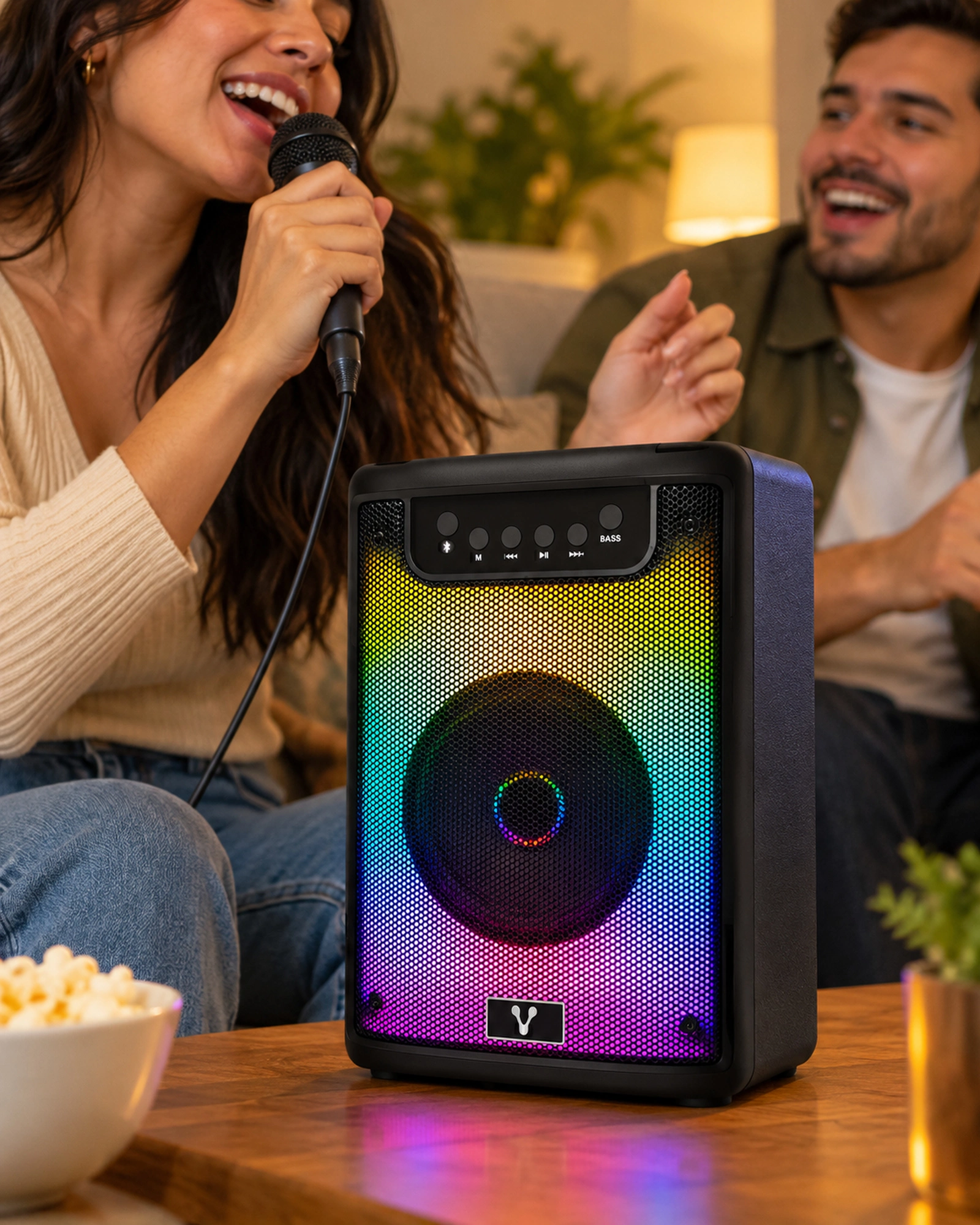 Vorago KSP-205 Bocina Karaoke Bafle 4 Pulgadas RGB hasta 4 Hrs De Musica Micro SD TWS USB 3.5 Mm en uso