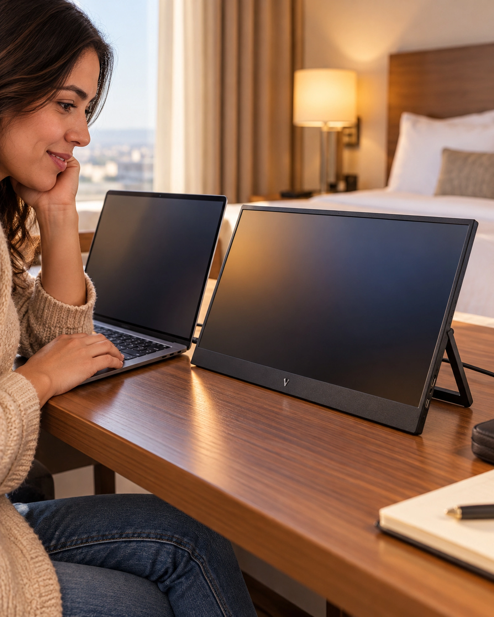 Monitor Vorago portatil LED-P15 15.6" FHD IPS vesa USB-C HDMI en uso