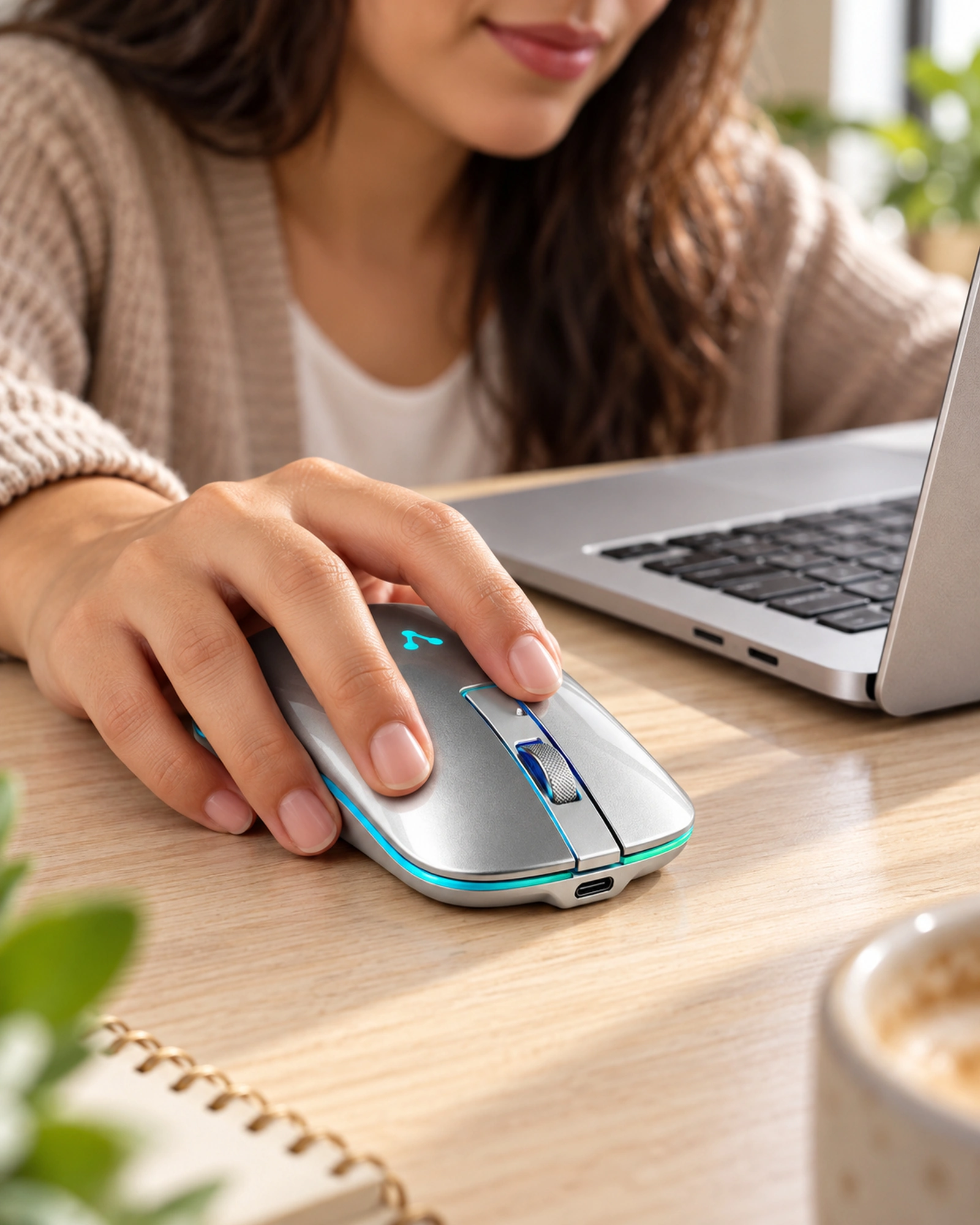 Vorago MO-305-SLIM Mouse inalámbrico Clics Silenciosos Recargable Iluminación RGB Dongle USB, 800/1200/1600 dpi Ajustable Raton para Computadora Plata. en uso