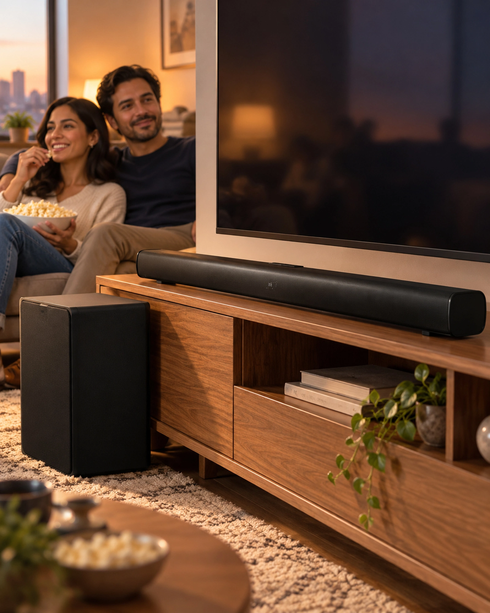 Barra de sonido VORAGO SPB-551 con subwoofer en la sala, durante una noche de película.